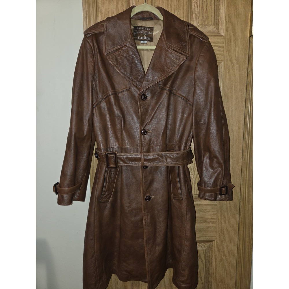 Vintage Grais Brown Cabretta Leather Duster Trench Coat 1970s Belted Mod Mens 42